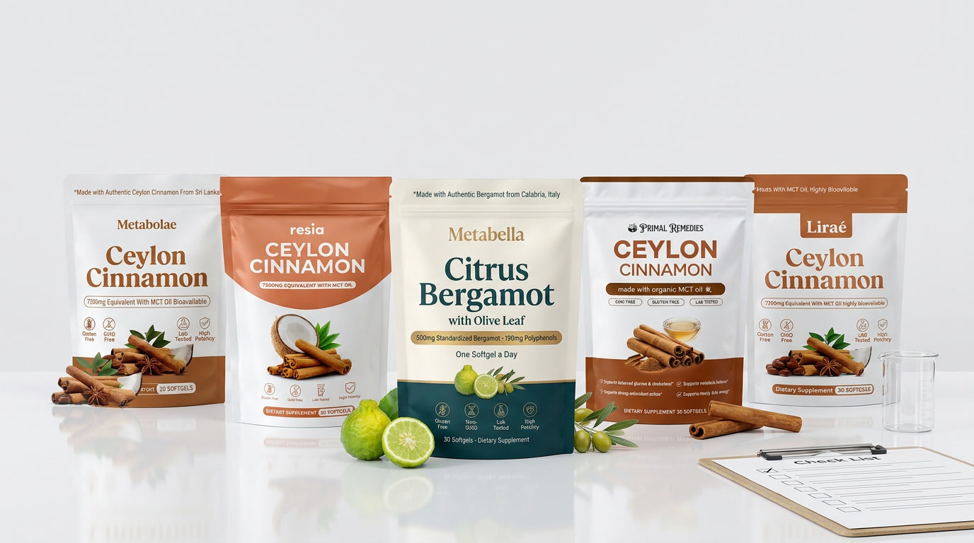 Lineup of all five tested metabolic support supplement pouches: Metabolae, Resia, Metabella Citrus Bergamot with Olive Leaf, Primal Remedies and Liraé, with fresh bergamot, cinnamon sticks and a checklist clipboard